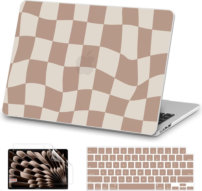AKIT Compatible with MacBook Air 13 inch Case 2026 2025 2024-2022 M4 M3 M2 A3240 A3113 A2681, Pattern Shell Laptop Case+Screen Protector+Keyboard Cover for MacBook Air 13.6 inch 2025, Brown Checkboard - Image 1